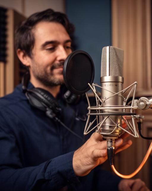収録ブースのマイクを確認する音響エンジニアの代表
