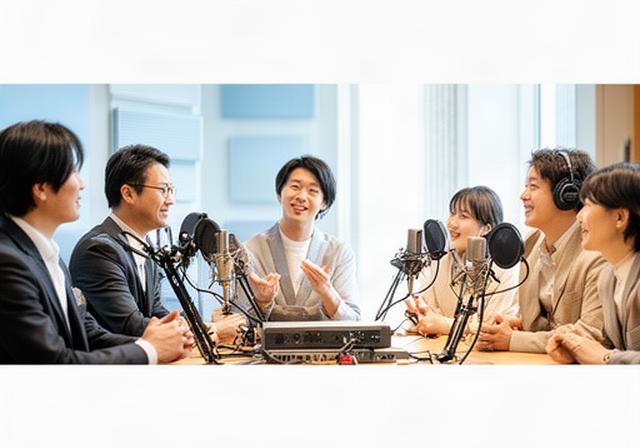 岩手県紫波町の明るい収録室で経営者とスタッフがマイクを囲み対話する様子