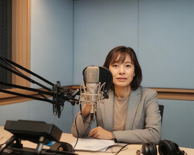 紫波町の防音スタジオで専門家がマイクに向かい収録する個室の様子