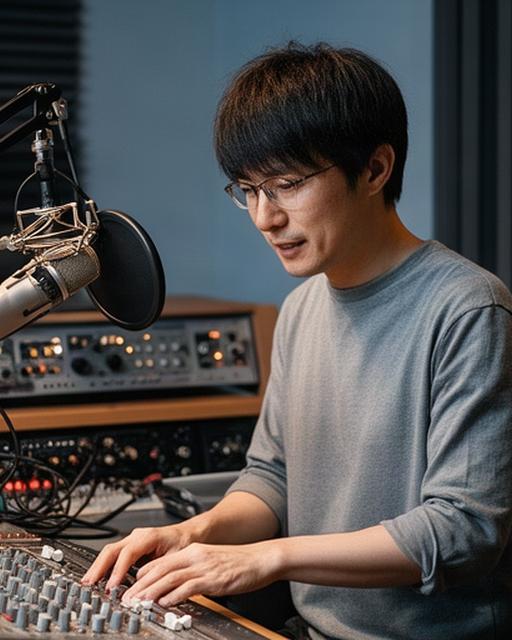 紫波のスタジオで収録機材を調整する代表の松木修輝