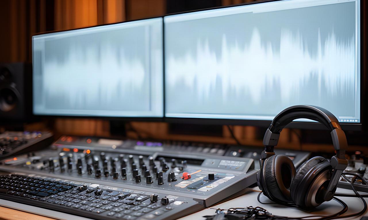 音声波形を表示した編集卓とヘッドホンが置かれたスタジオ内観